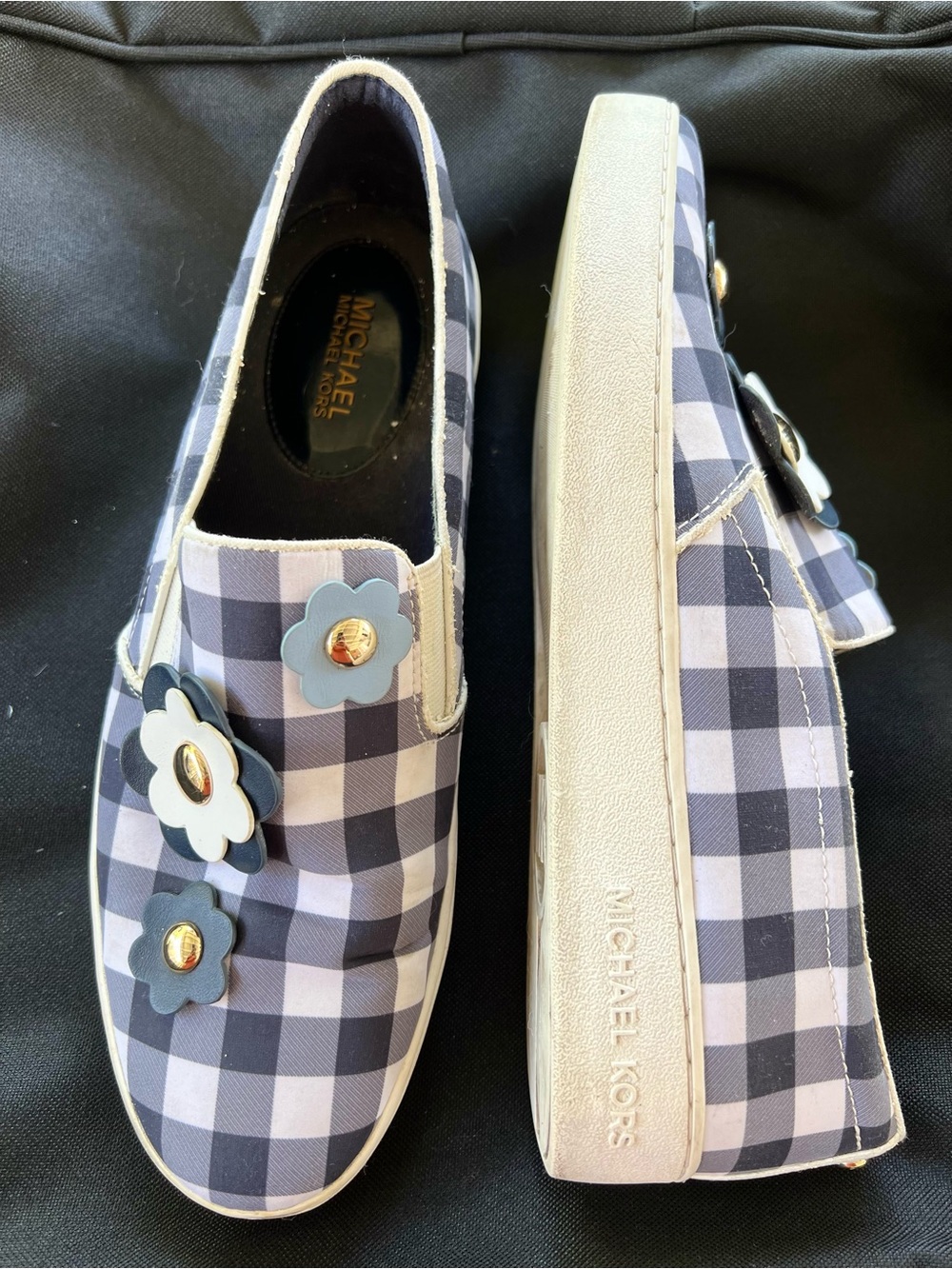 Michael Kors Navy and White Gingham Slip-On Sneakers with Flower Appliqués